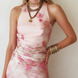 Katty - Pink Floral Chiffon Pleated Print Sleeveless Midi Dress
