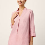 100% Linen Layered Lapel V-neck Sculpted Front Pleat Longline Top ODALYS
