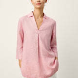 100% Linen Layered Lapel V-neck Sculpted Front Pleat Longline Top ODALYS