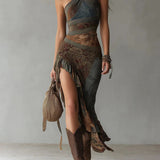 María - Asymmetrical long dress with ethnic print and side slit